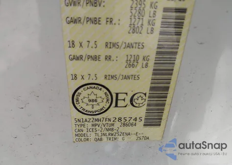 2015 Nissan Murano из США, поврежденный, VIN 5N1AZ2MH7FN285745